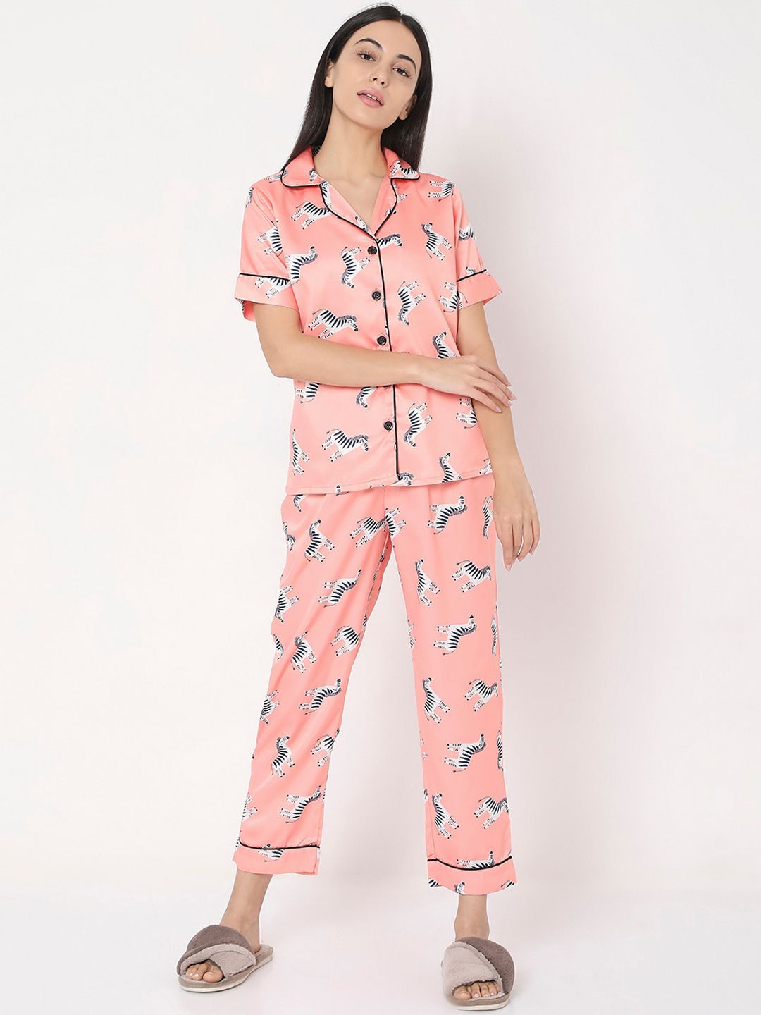 Smarty Pants Women Peach Zebra Printed Night Suit Price in India