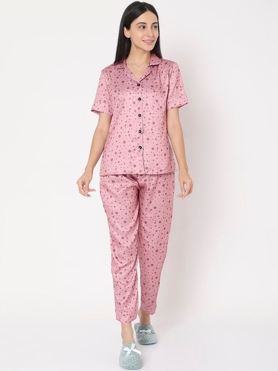 Smarty Pants Women Pink Polka Dots Printed Night Suit Price in India