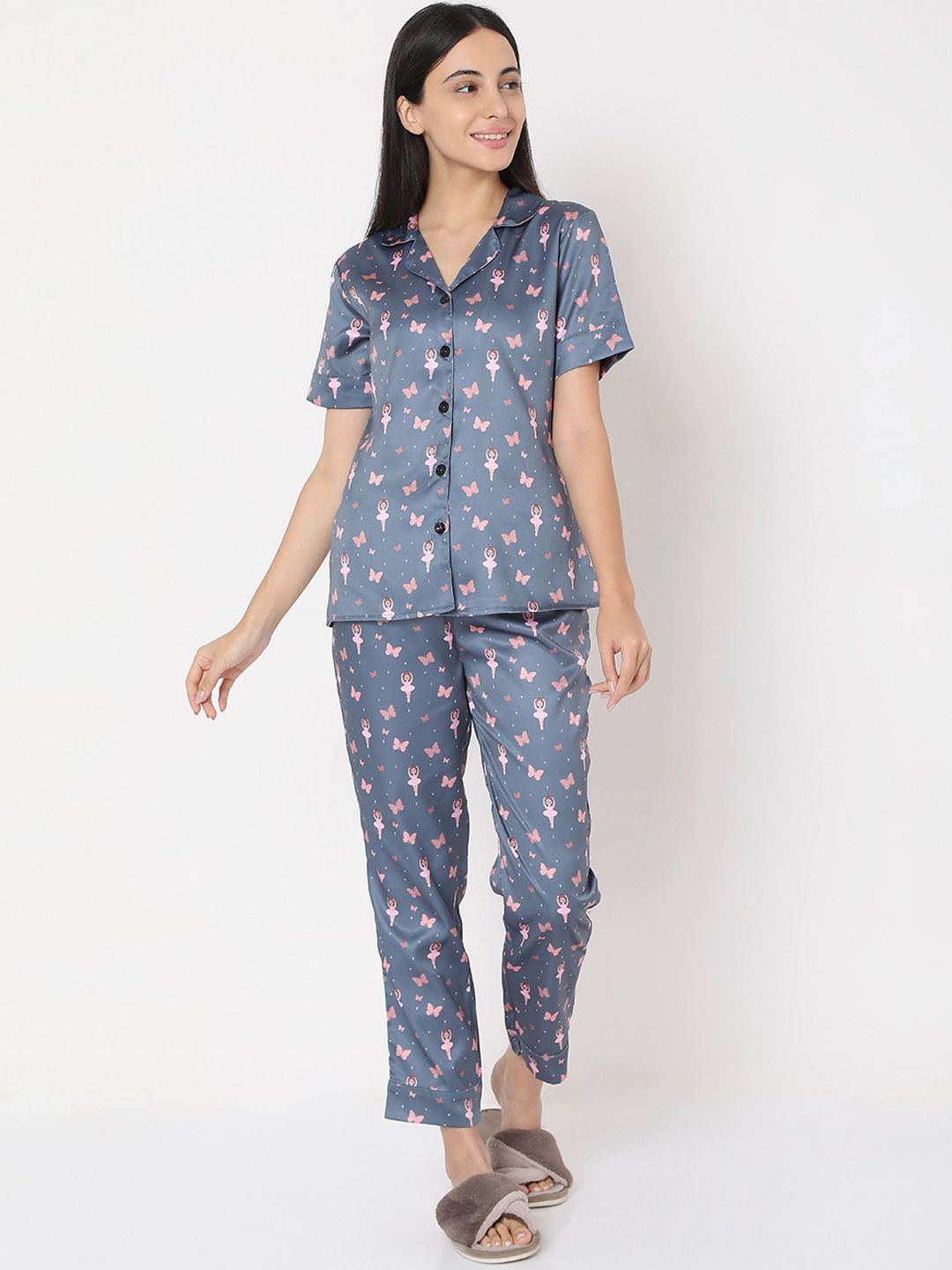 Smarty Pants Women Grey Printed Night Suit Price in India