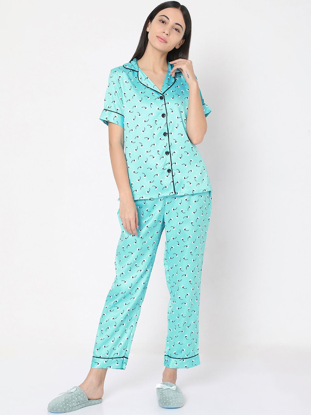 Smarty Pants Women Sea Green Floral Printed Night Suit Price in India