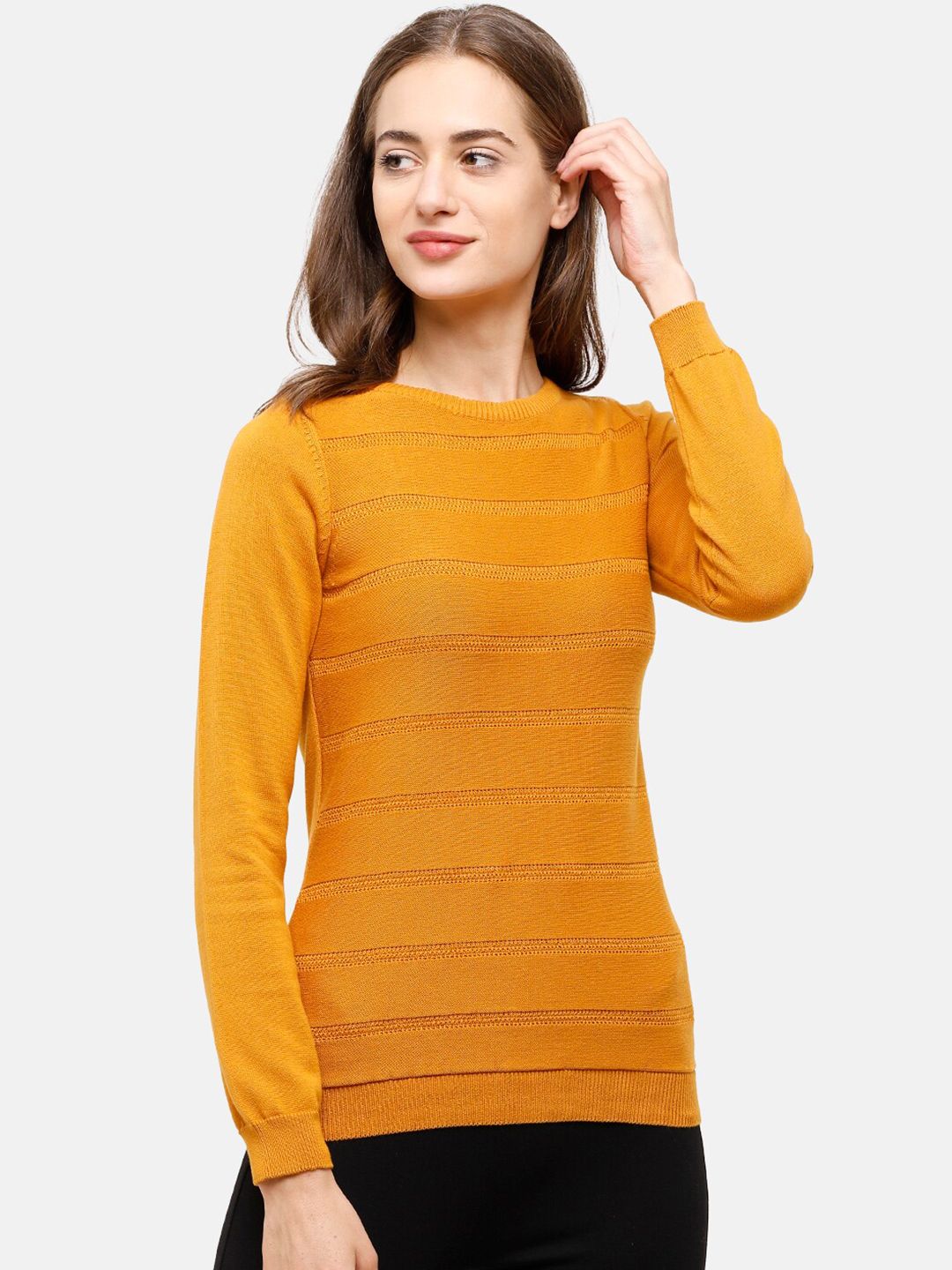 98 Degree North Women Mustard Ribbed Pullover Price in India