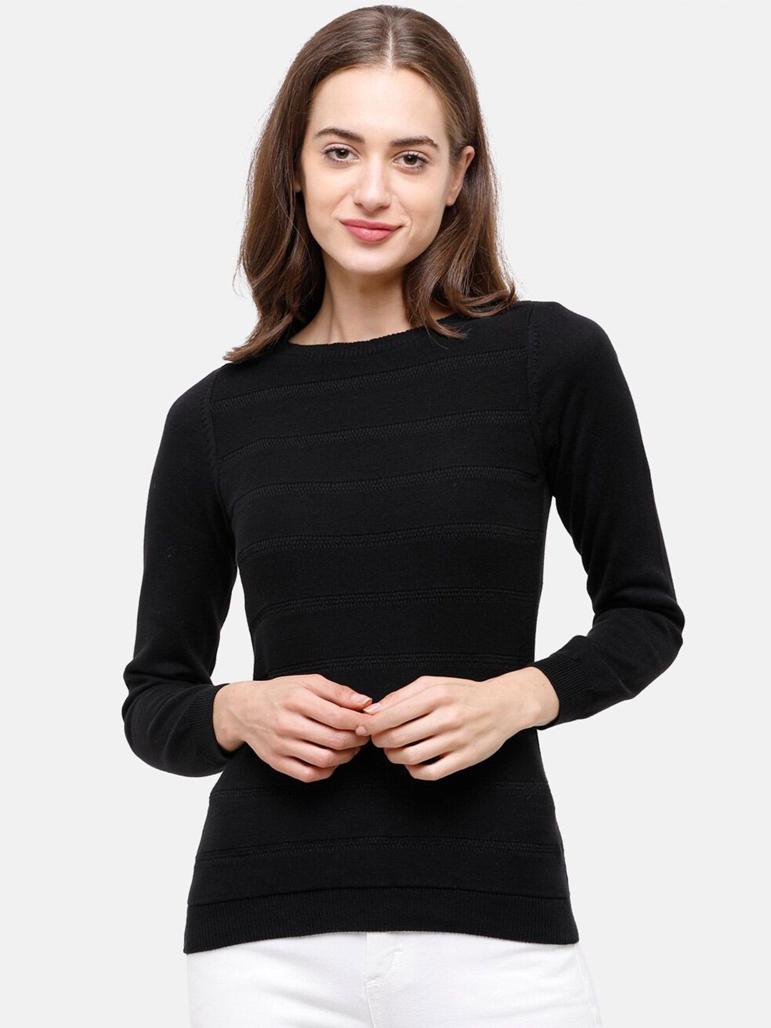98 Degree North Women Black Striped Pullover Sweater Price in India