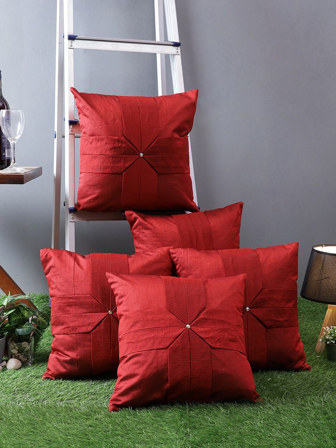 ROMEE Red Set of 5 Geometric Square Cushion Covers Price in India