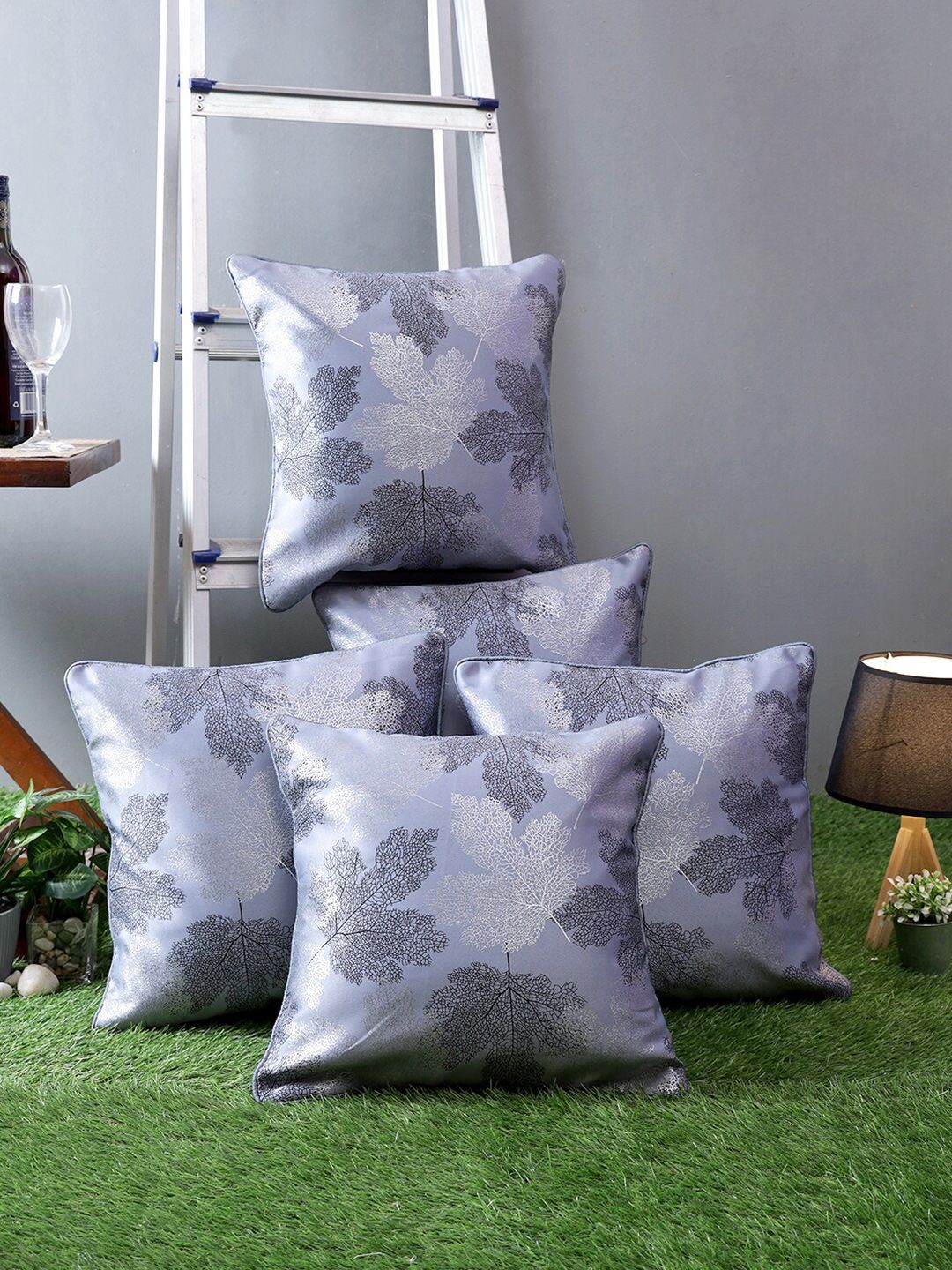 ROMEE Silver-Toned & Grey Set of 5 Floral Square Cushion Covers Price in India