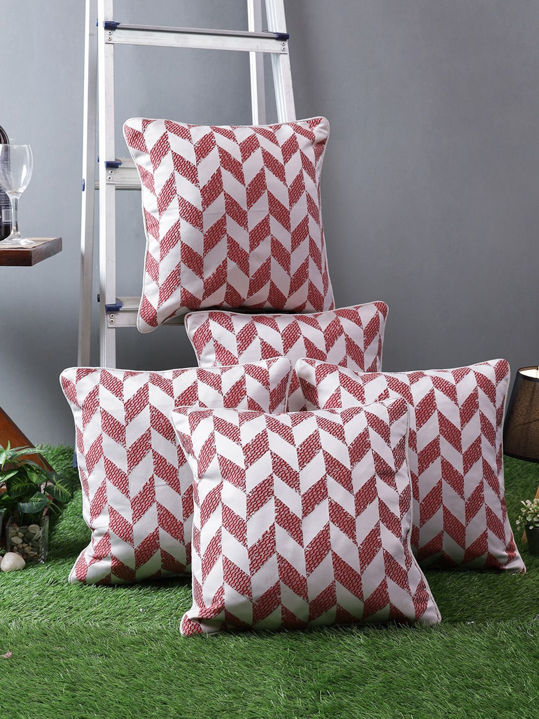 ROMEE Pink & White Set of 5 Geometric Square Cushion Covers Price in India