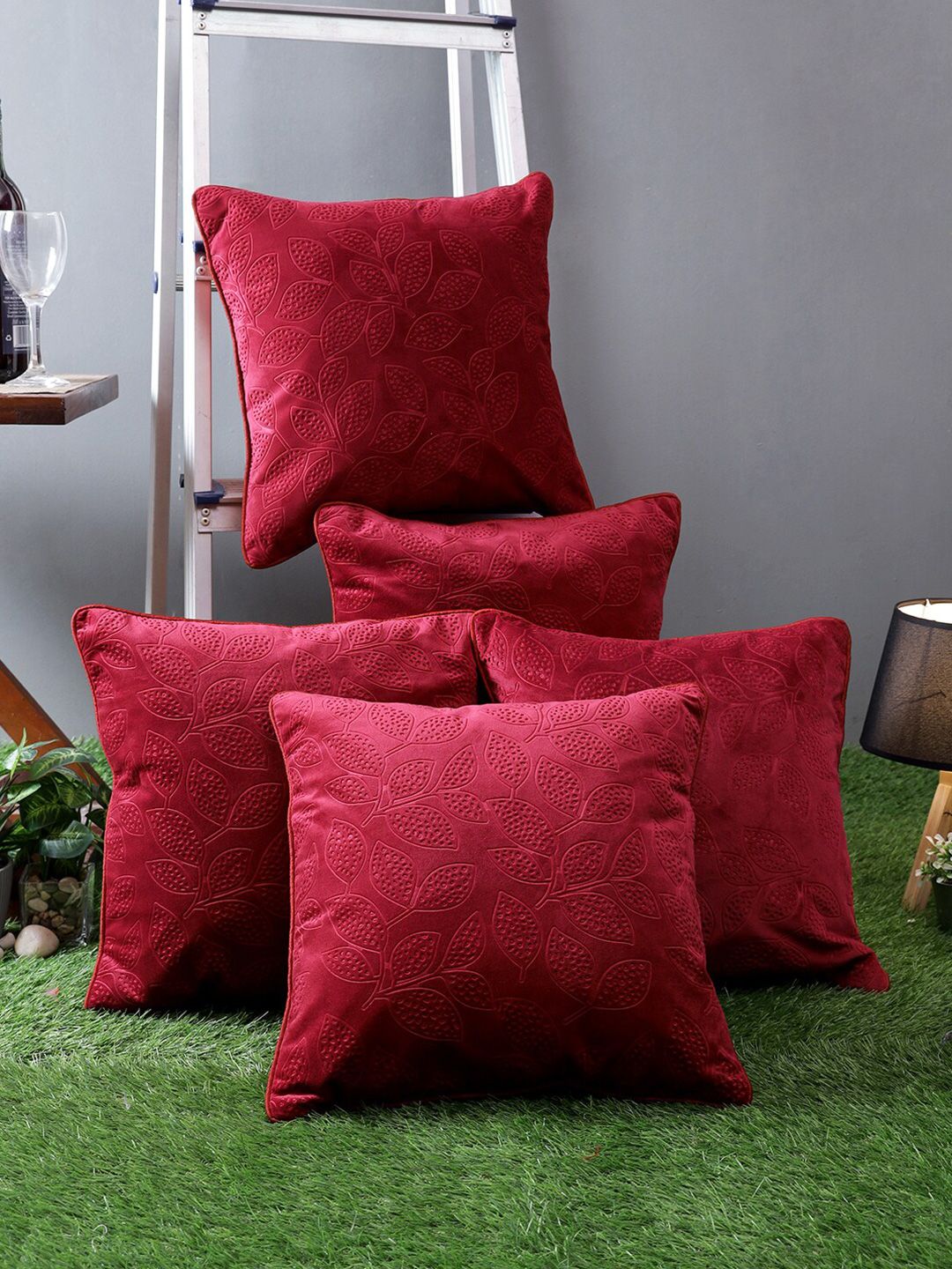 ROMEE Red Set of 5 Floral Square Cushion Covers Price in India