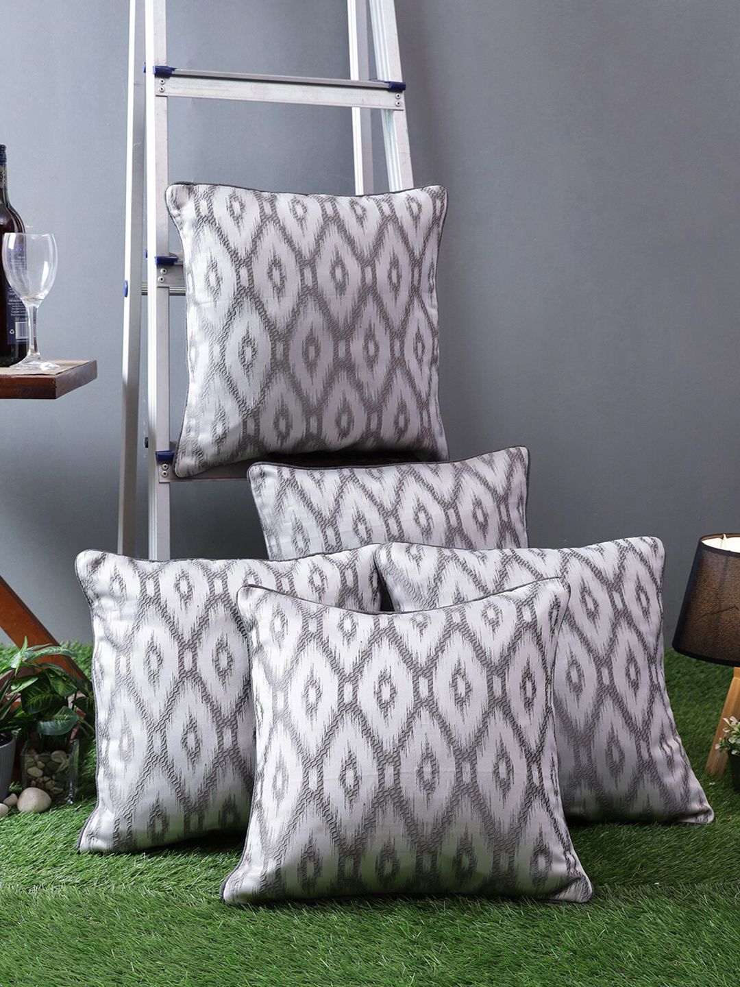 ROMEE Grey & White Set of 5 Geometric Square Cushion Covers Price in India