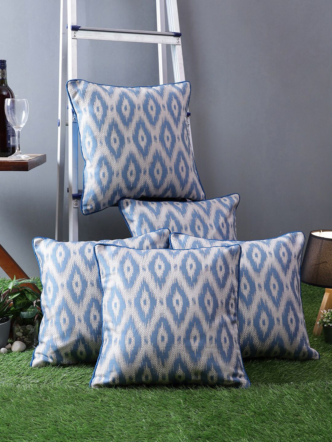 ROMEE White & Blue Set of 5 Geometric Square Cushion Covers Price in India