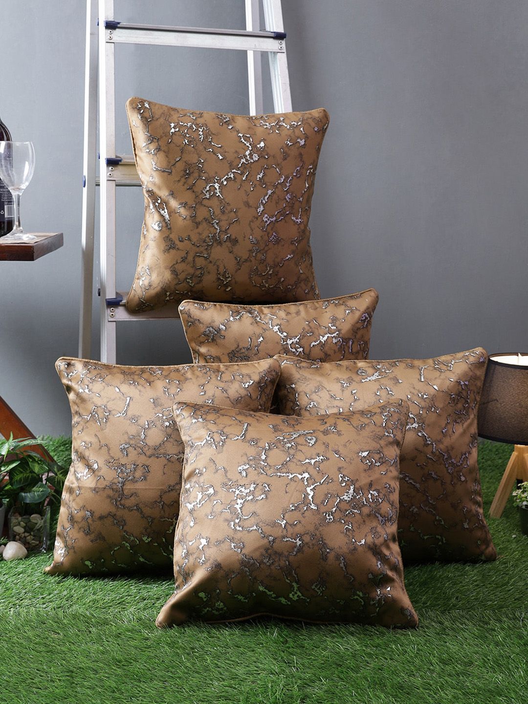 ROMEE Brown & Silver-Toned Set of 5 Abstract Square Cushion Covers Price in India