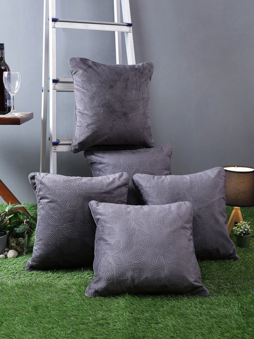 ROMEE Grey Set of 5 Floral Square Cushion Covers Price in India