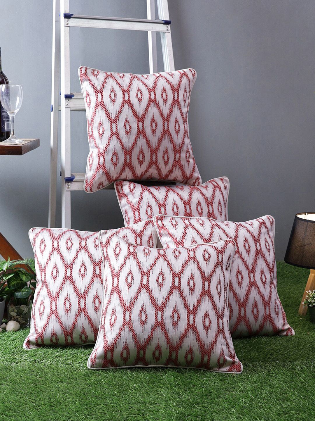 ROMEE White & Maroon Set of 5 Geometric Square Cushion Covers Price in India