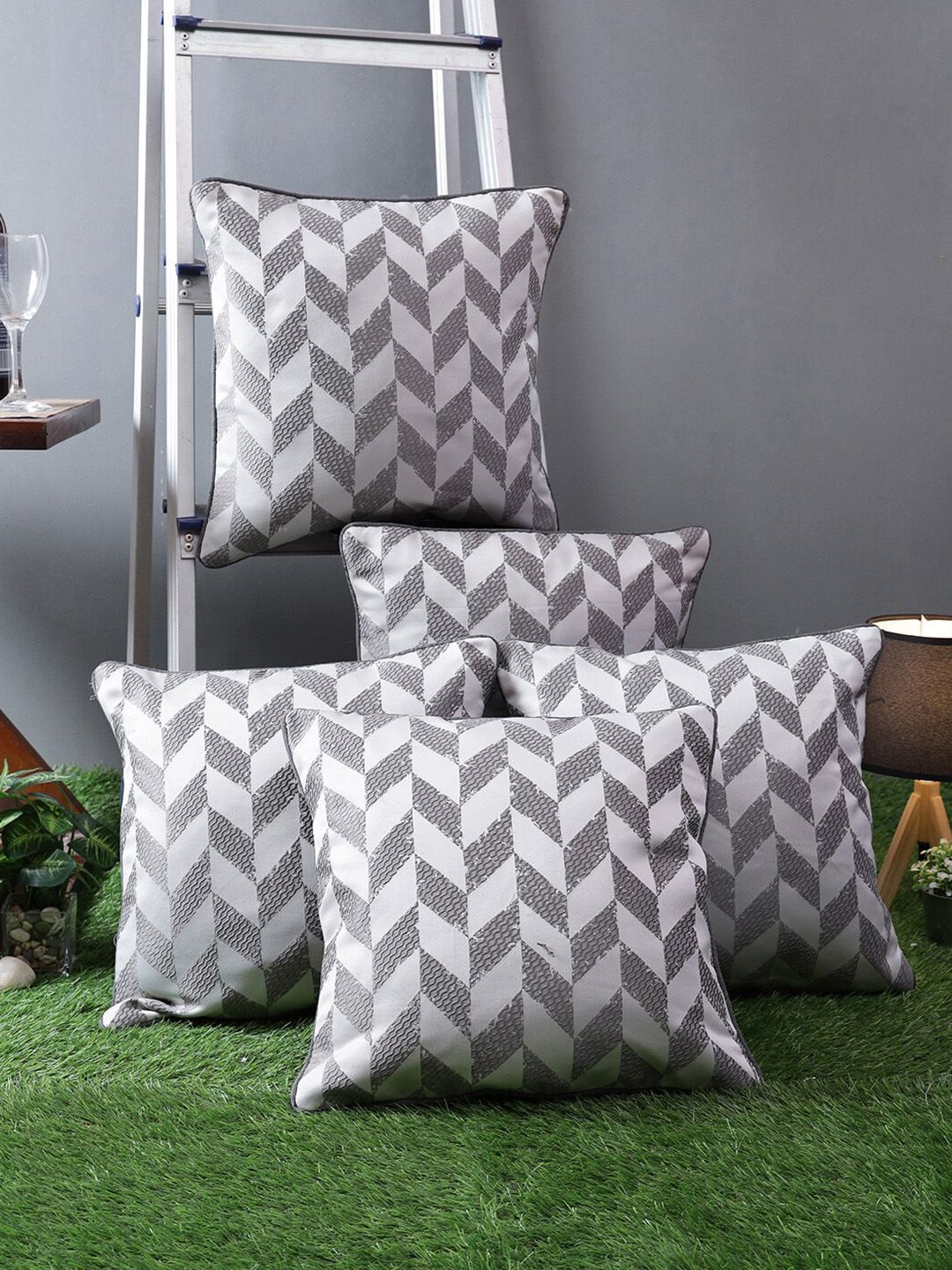 ROMEE White Set of 5 Geometric Square Cushion Covers Price in India