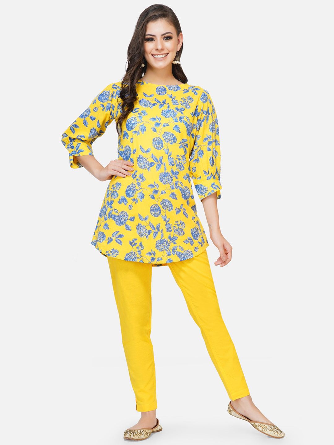 FABNEST Yellow & Blue Printed Tunic Price in India