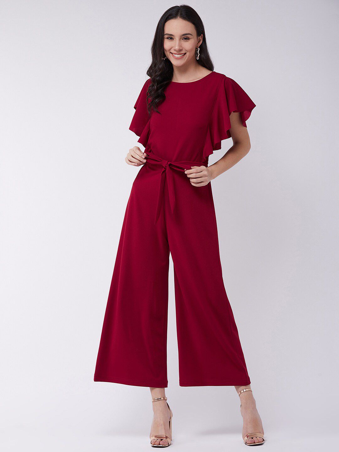 Zima Leto Women Red Solid Jumpsuit With Waist Tie-Up Belt Price in India