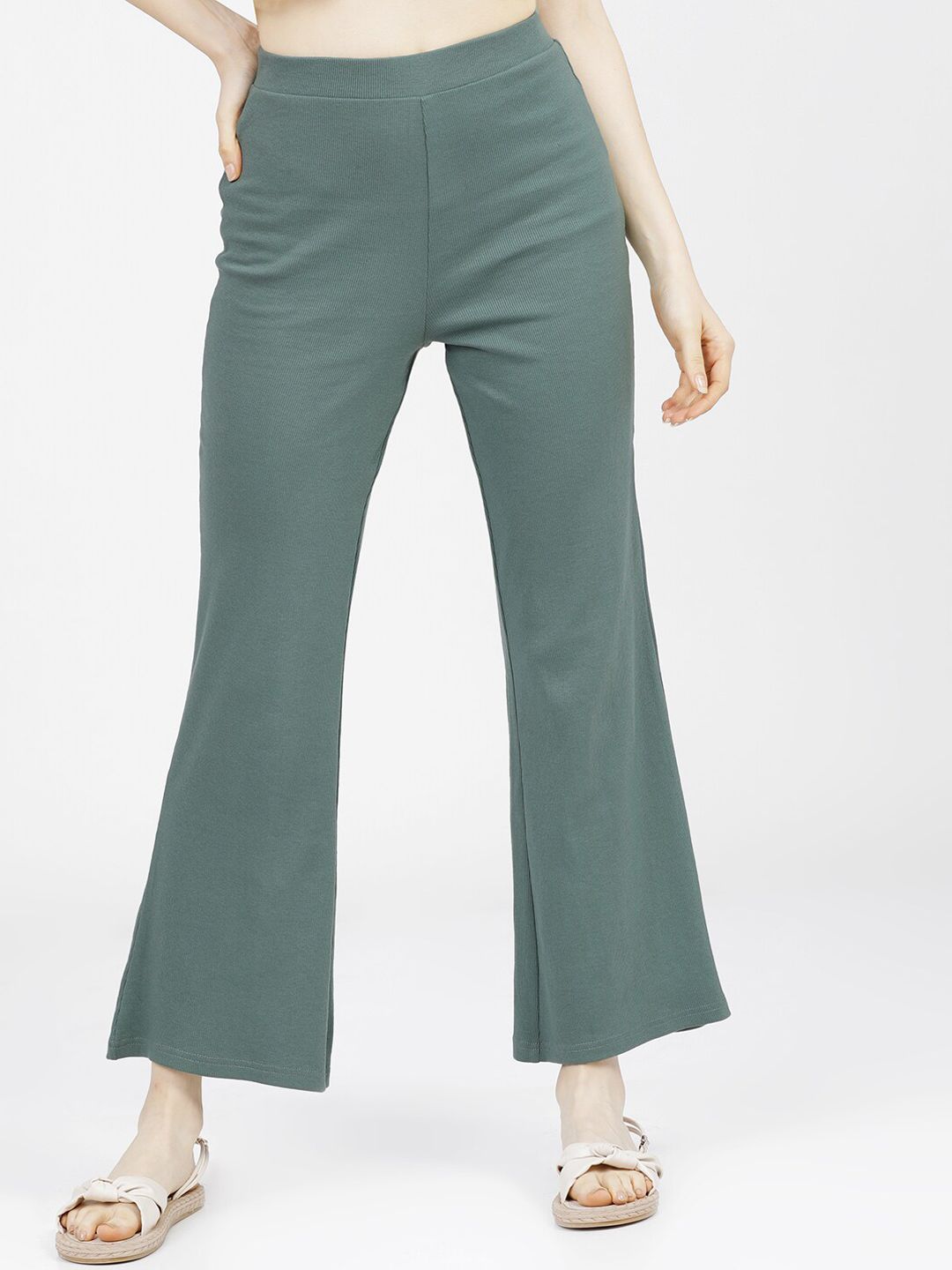 Tokyo Talkies Women Green Knitted Bootcut Trousers Price in India