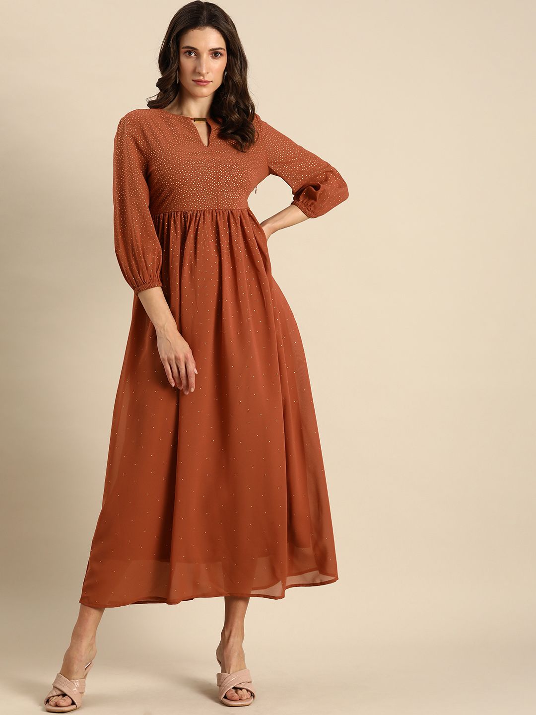 all about you Brown Polka Dot Keyhole Neck Maxi Dress Price in India