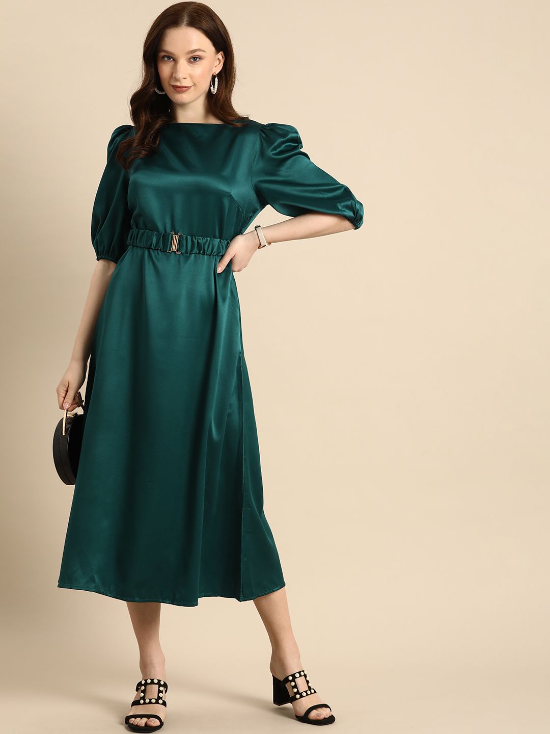all about you Women Green Solid Puff Sleeves Midi Dress Price in India