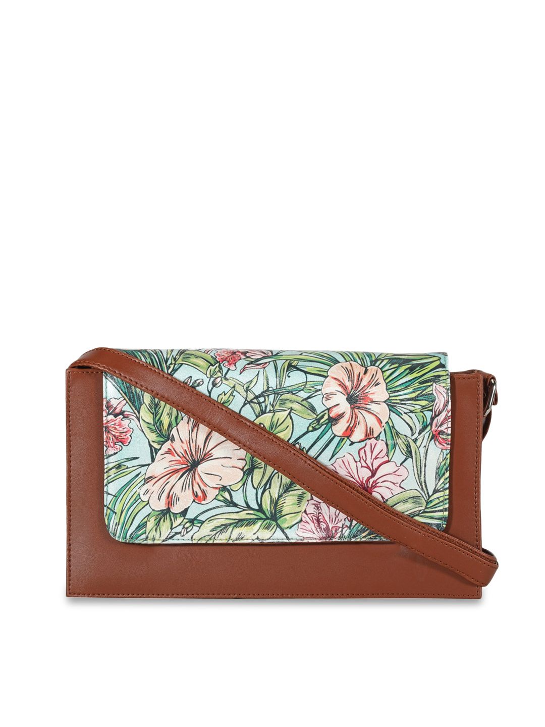 Toteteca Brown & Green Floral Printed PU Structured Sling Bag Price in India