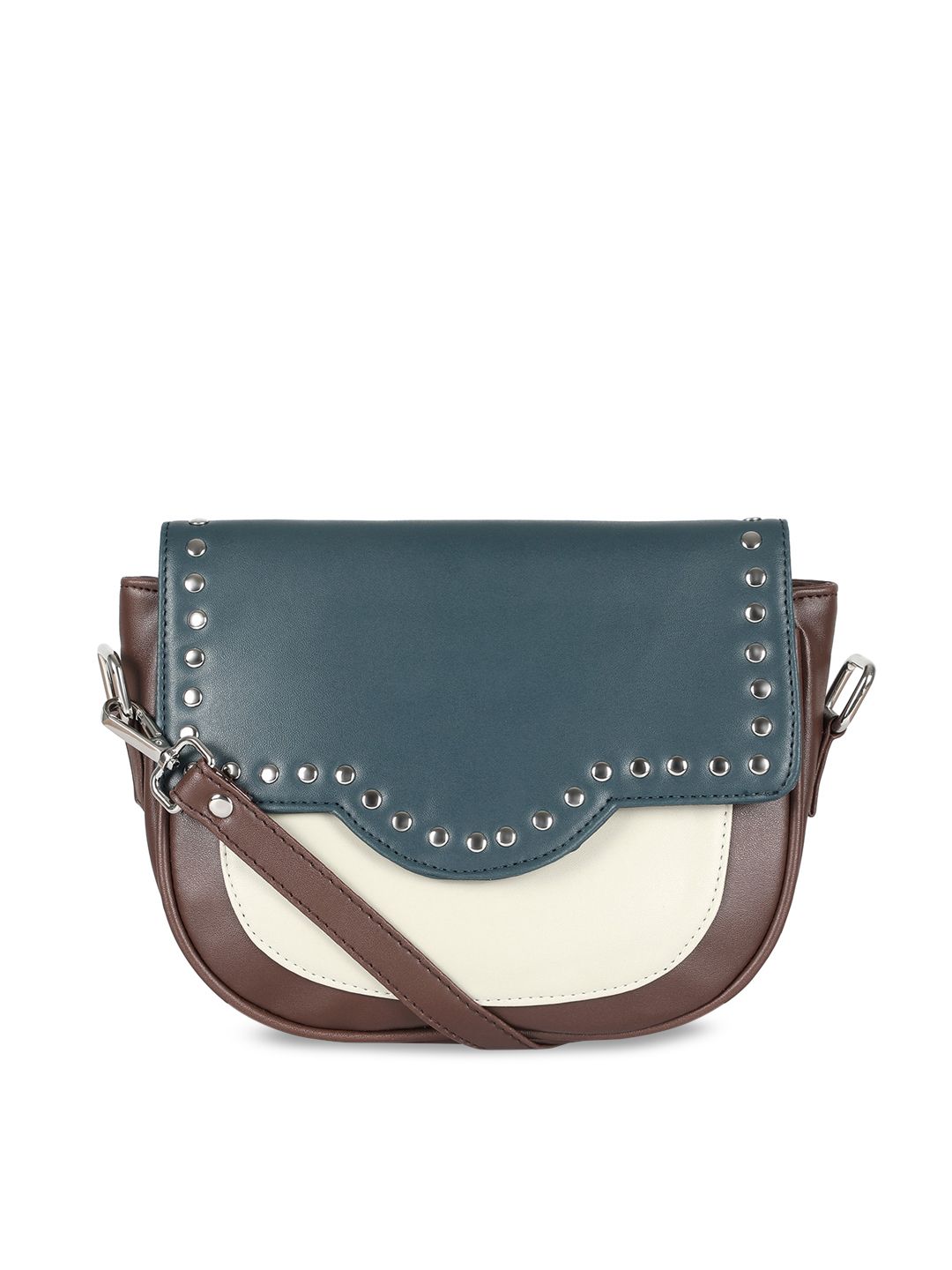 Toteteca Teal Coloured and Beige Colourblocked PU Half Moon Sling Bag Price in India