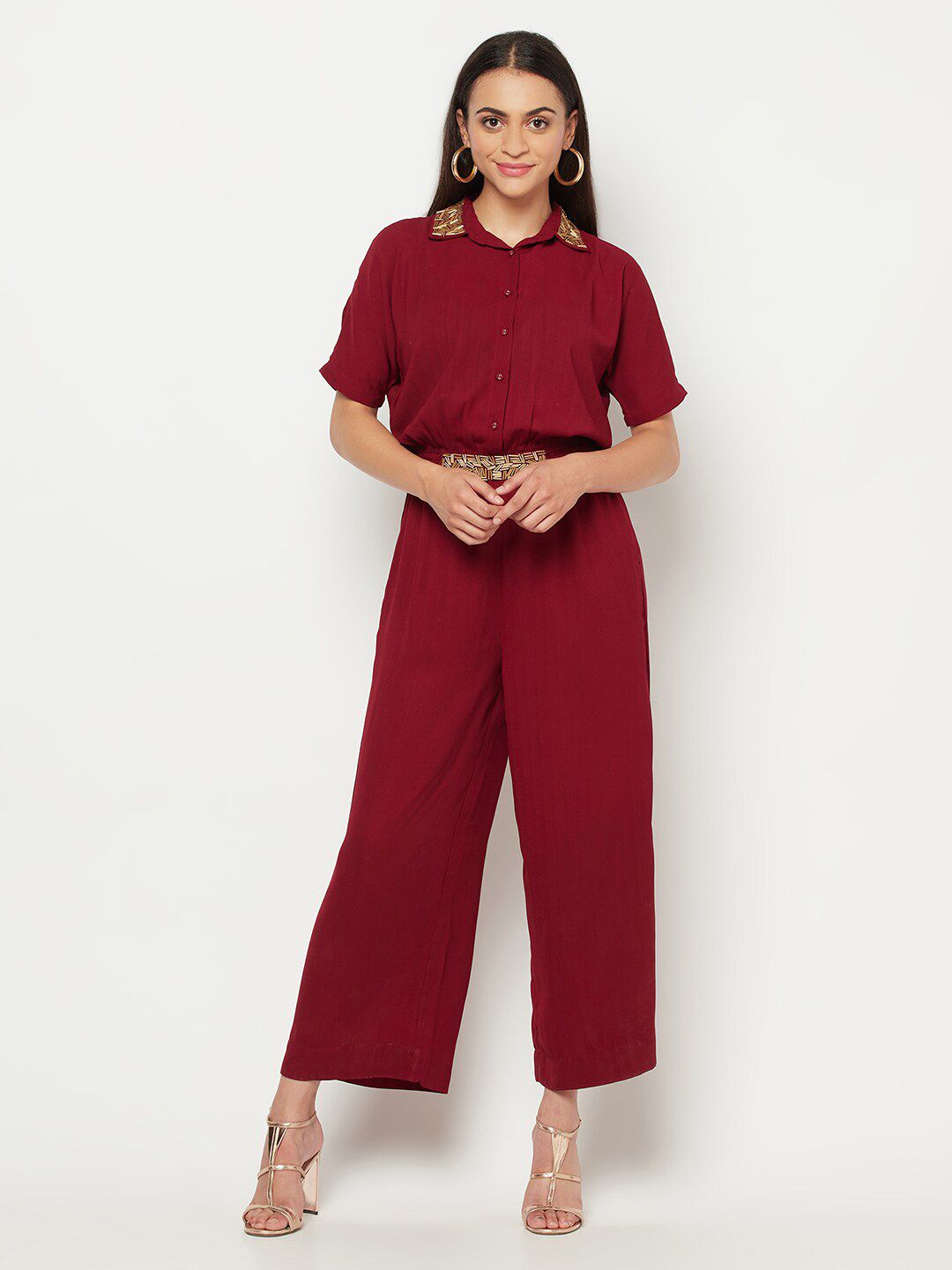 SQew Maroon Solid Culotte Jumpsuit with Embellished Price in India