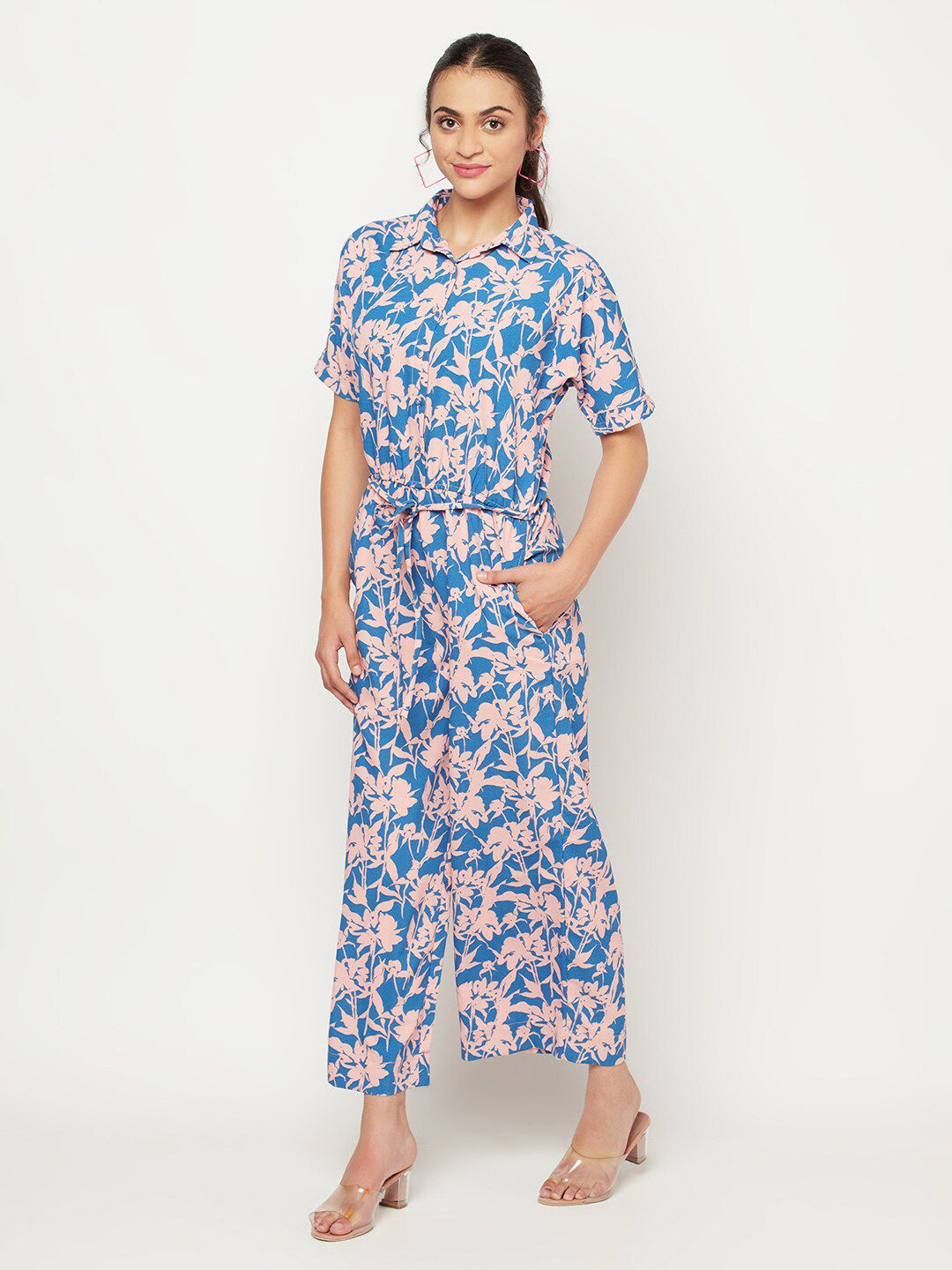 SQew Blue & Pink Floral Printed Basic Jumpsuit Price in India