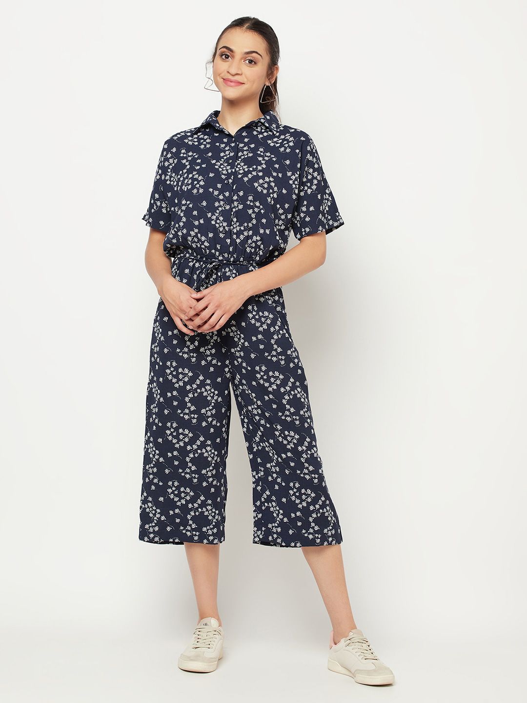 SQew Blue & White Printed Culotte Jumpsuit Price in India