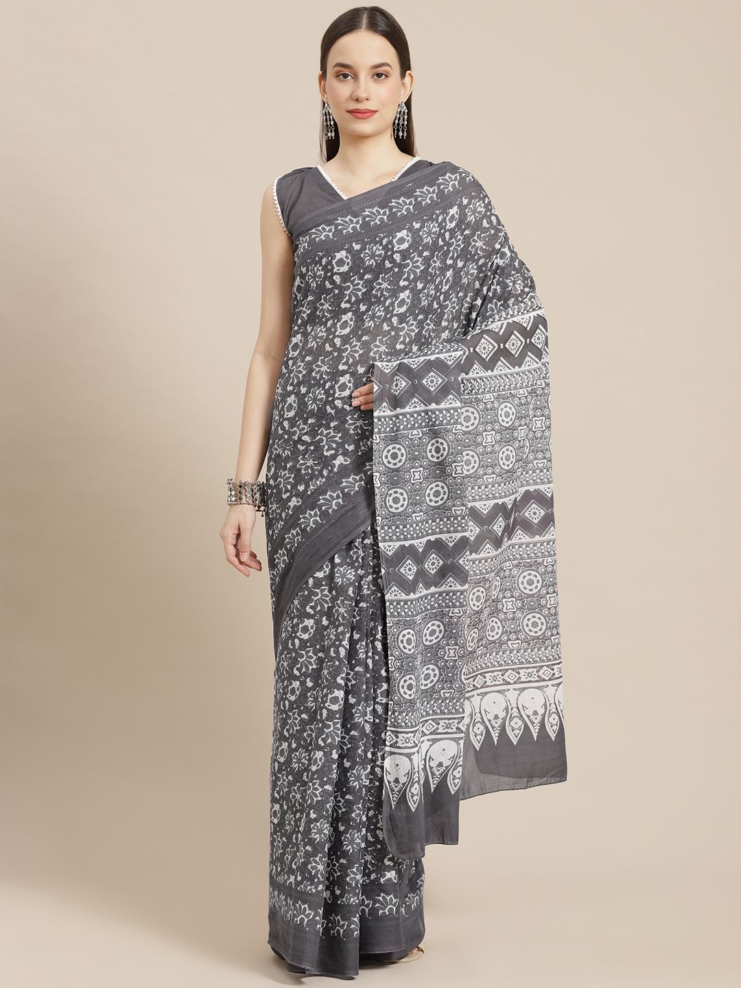 mokshi Grey & White Floral Pure Cotton Saree