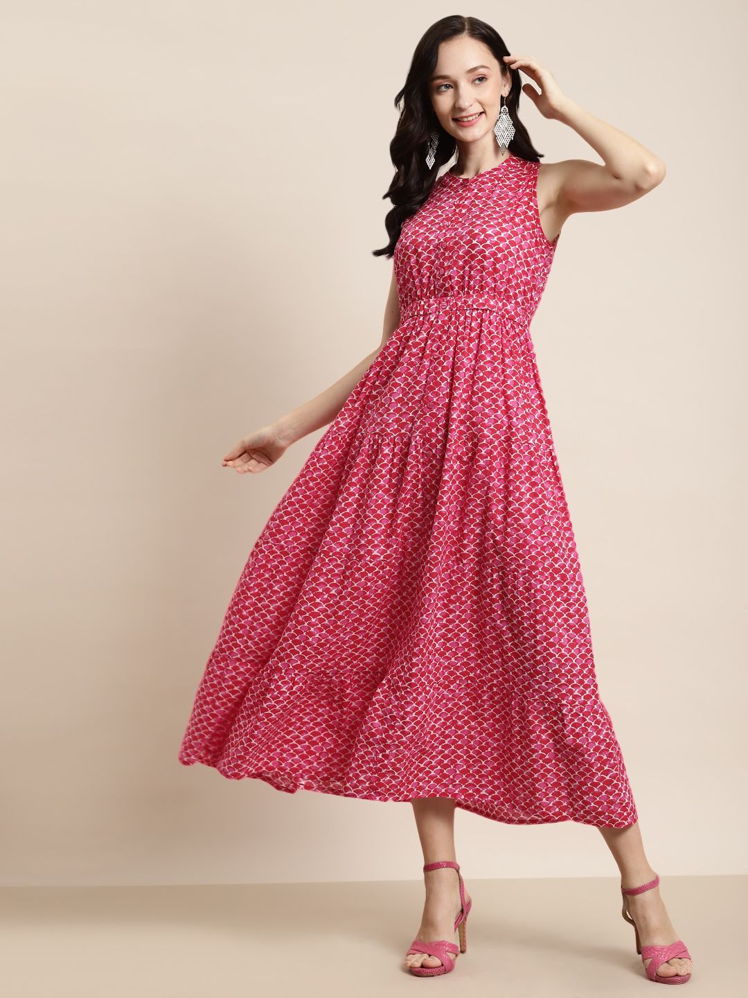 Shae by SASSAFRAS Pink & Red Tiered Maxi Dress Price in India