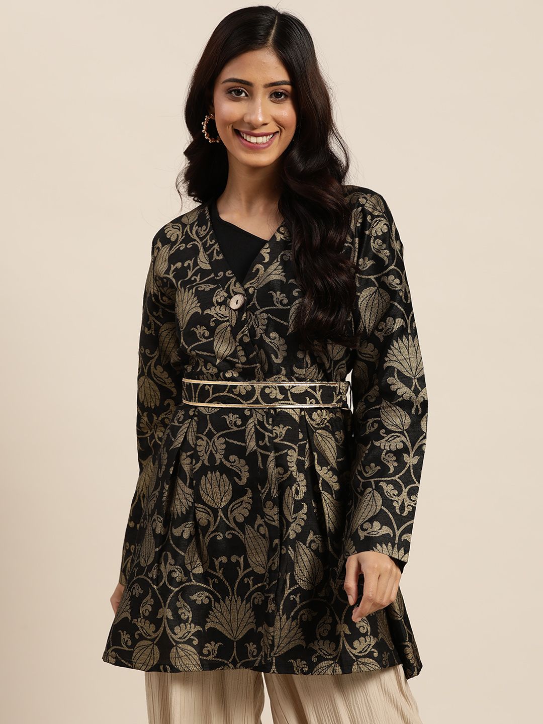 Shae by SASSAFRAS Women Black & Golden Floral Jacquard Lightweight Self-Belt Peplum Jacket Price in India