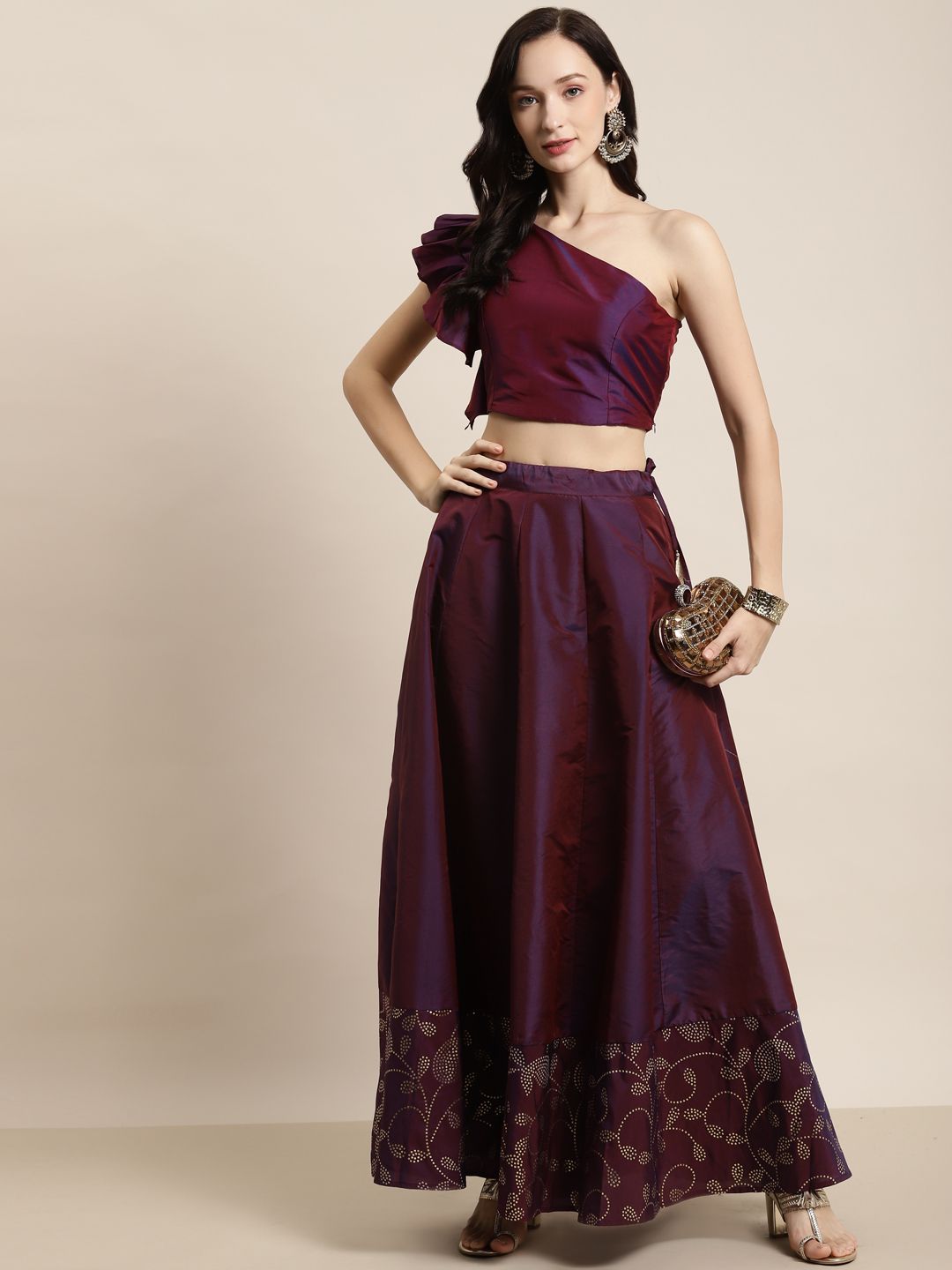 Shae by SASSAFRAS Women Burgundy & Gold Paisely Foil Border Anarkali Skirt Price in India