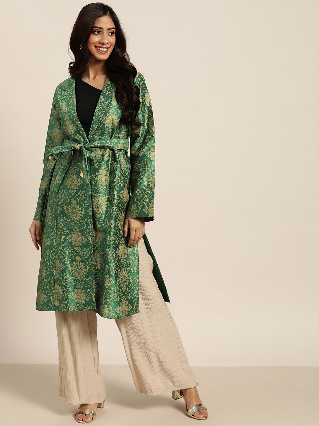Shae by SASSAFRAS Women Green & Golden Jacquard Floral Self-Belt Long Jacket Price in India