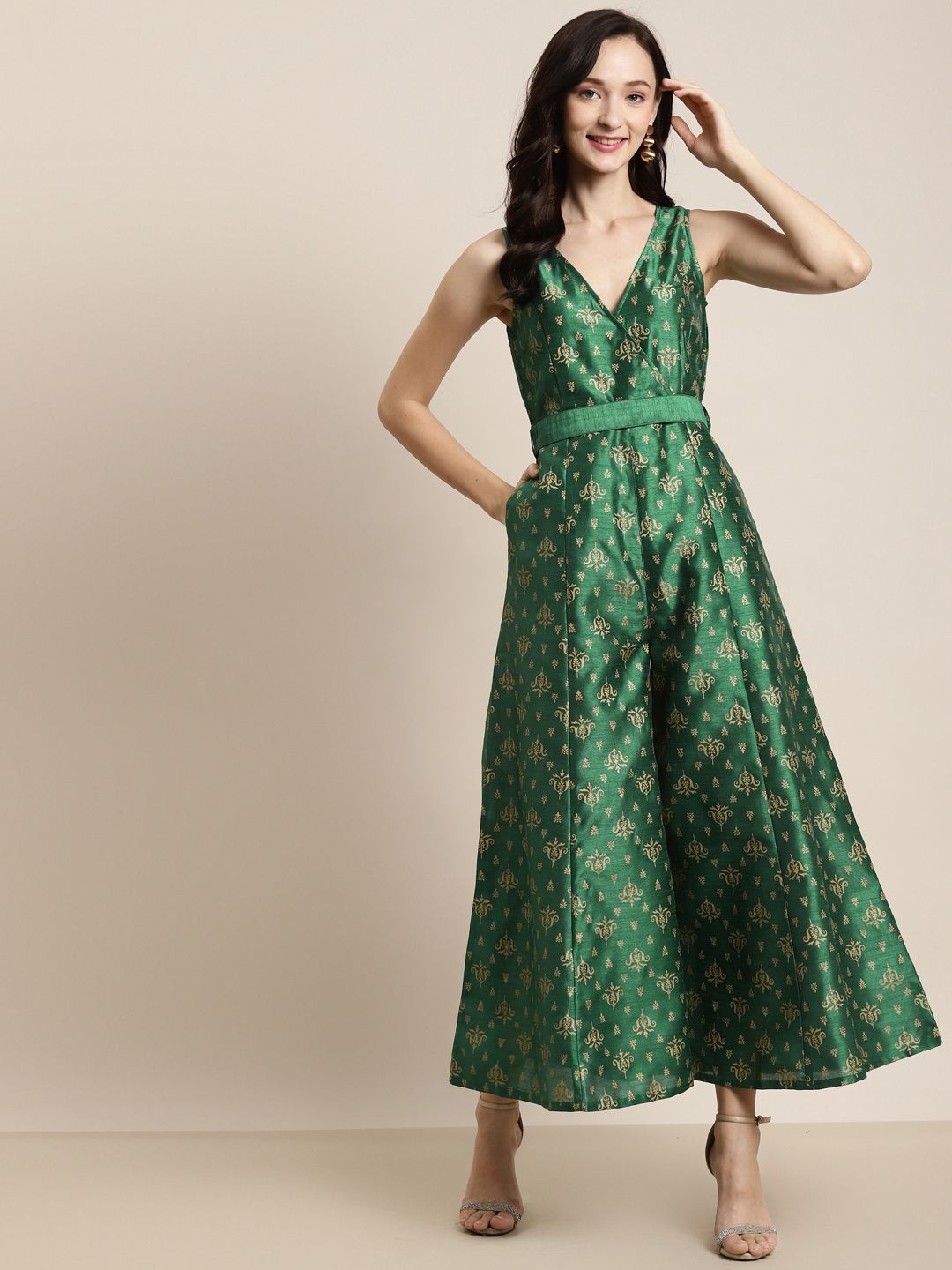 Shae by SASSAFRAS Green & Gold-Toned Printed Fabric-Belt Basic Jumpsuit Price in India