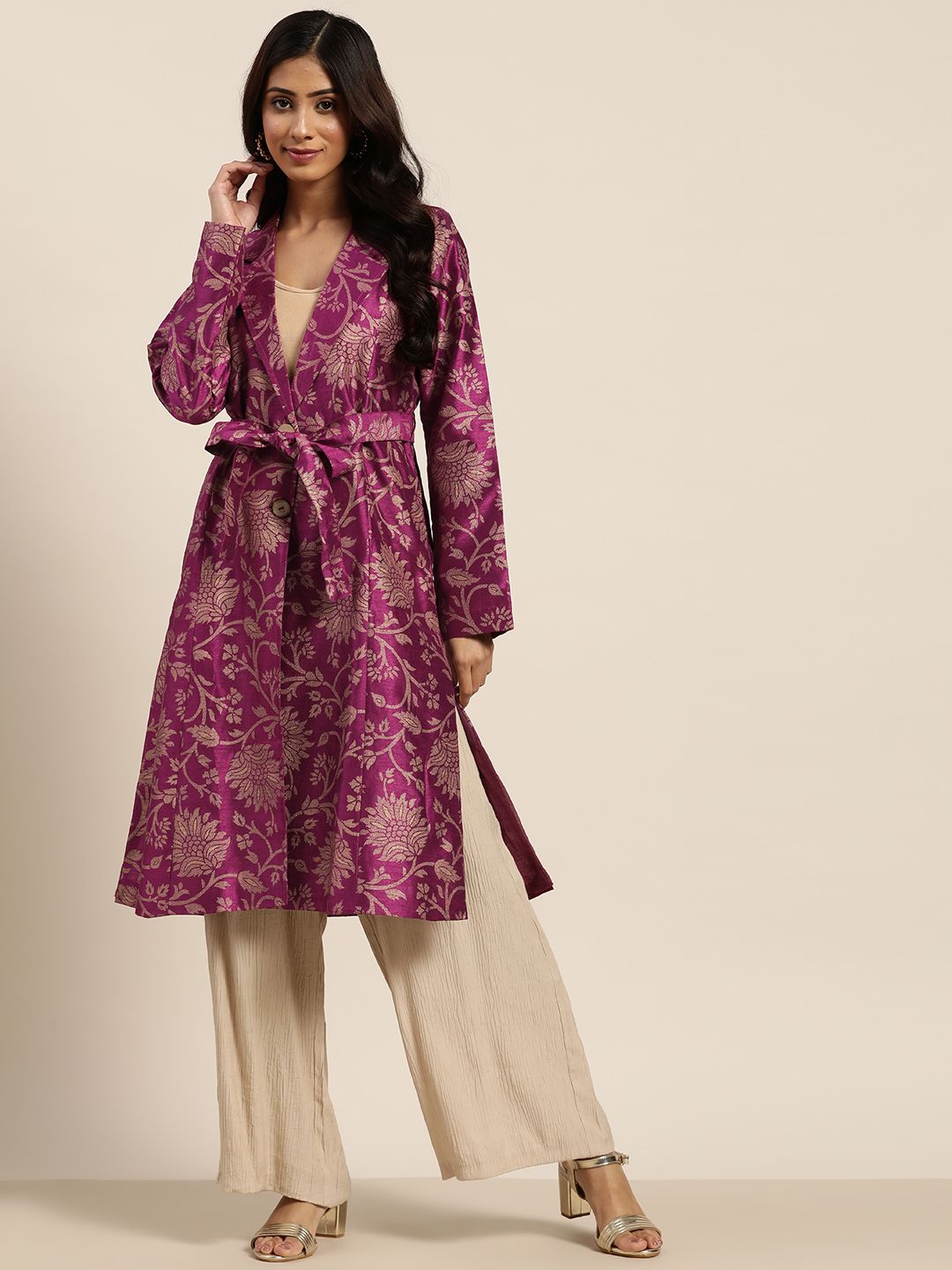 Shae by SASSAFRAS Women Purple & Gold Jacquard Floral Lightweight Self-Belt Long Jacket Price in India