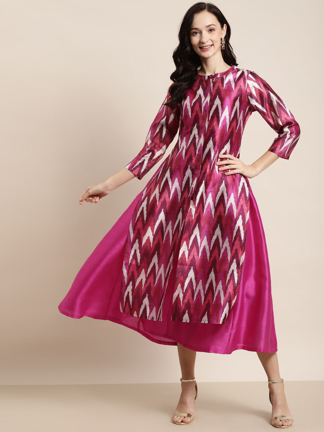 Shae by SASSAFRAS Fuchsia & Peach-Coloured Ikat Printed Layered Midi Dress Price in India