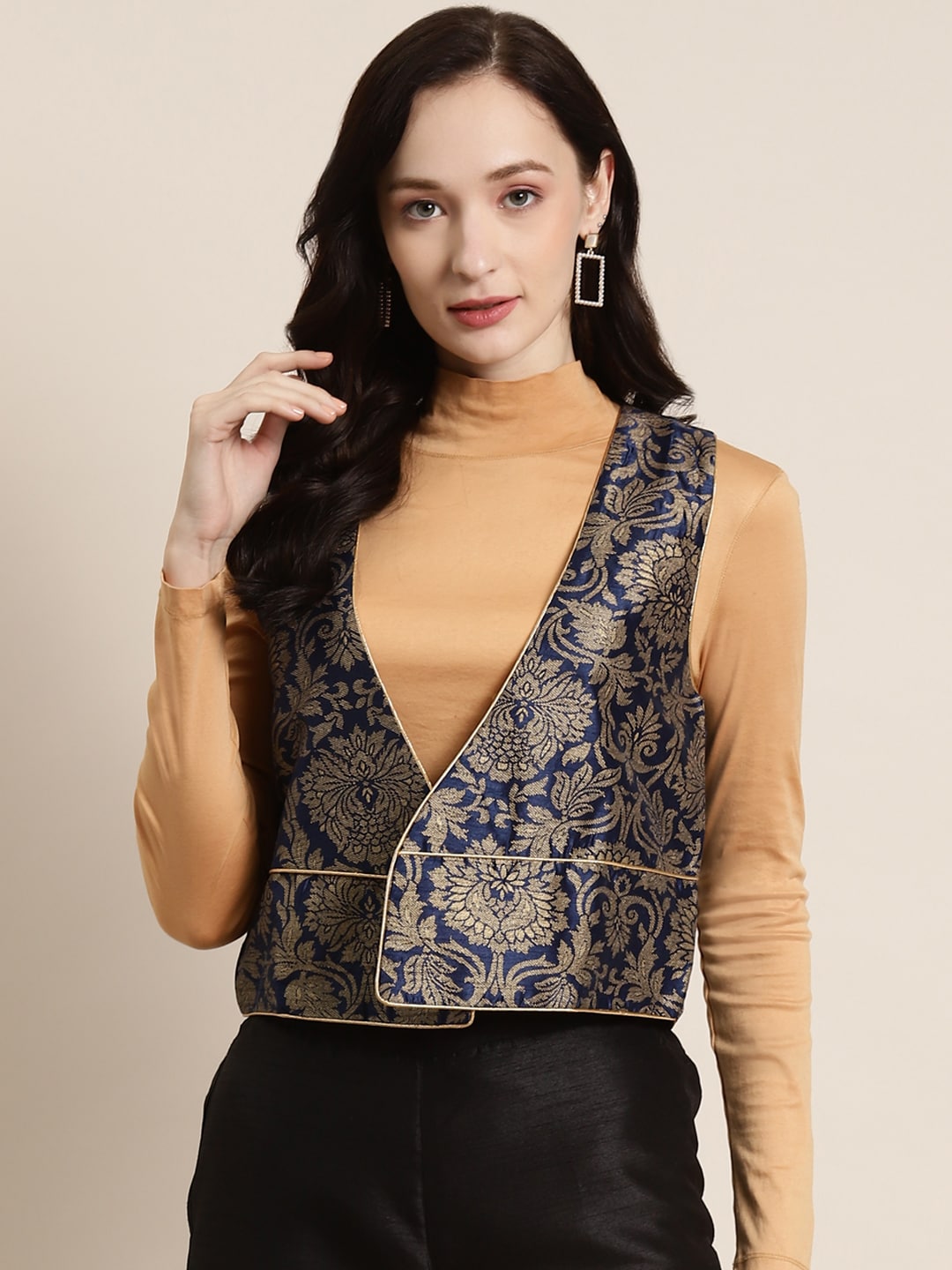 Shae by SASSAFRAS Women Navy Blue & Gold Jacquard Floral Waist Coat Price in India