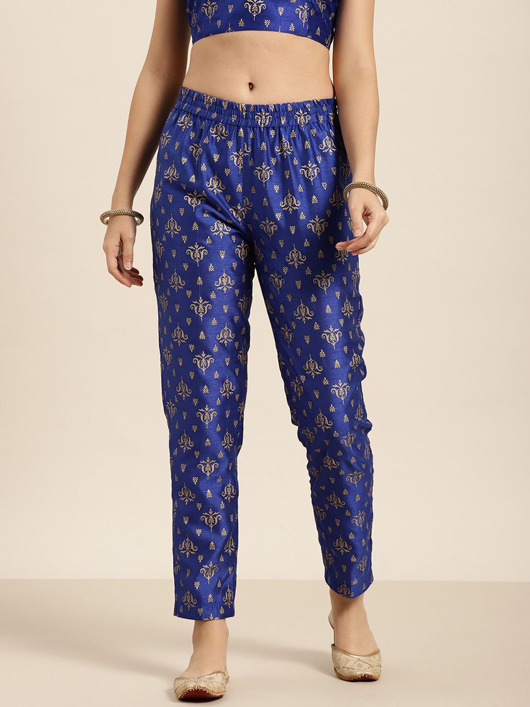 Shae by SASSAFRAS Women Blue Ethnic Motifs Printed Tapered Fit Trousers Price in India