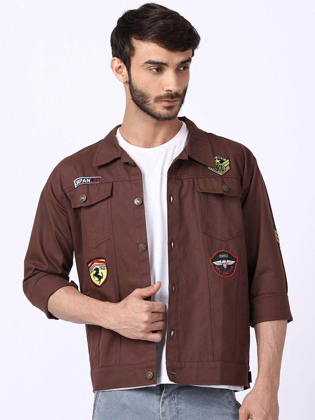 VOXATI Men Brown Denim Jacket with Patchwork