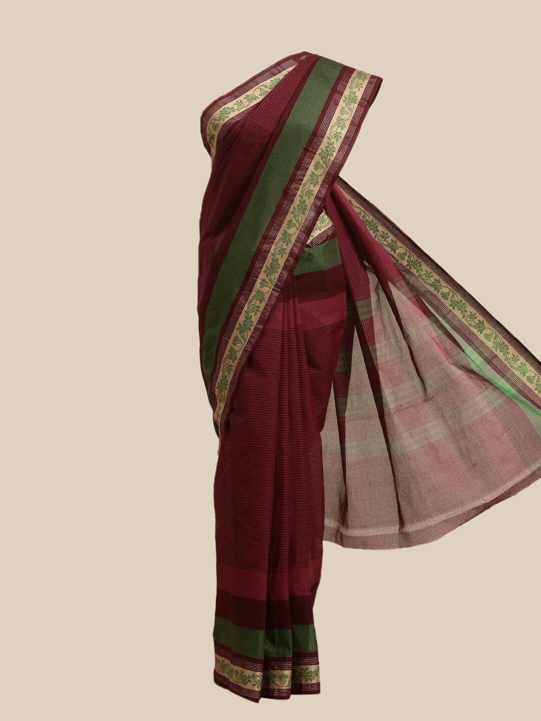 The Chennai Silks Maroon & Green Striped Pure Cotton Saree