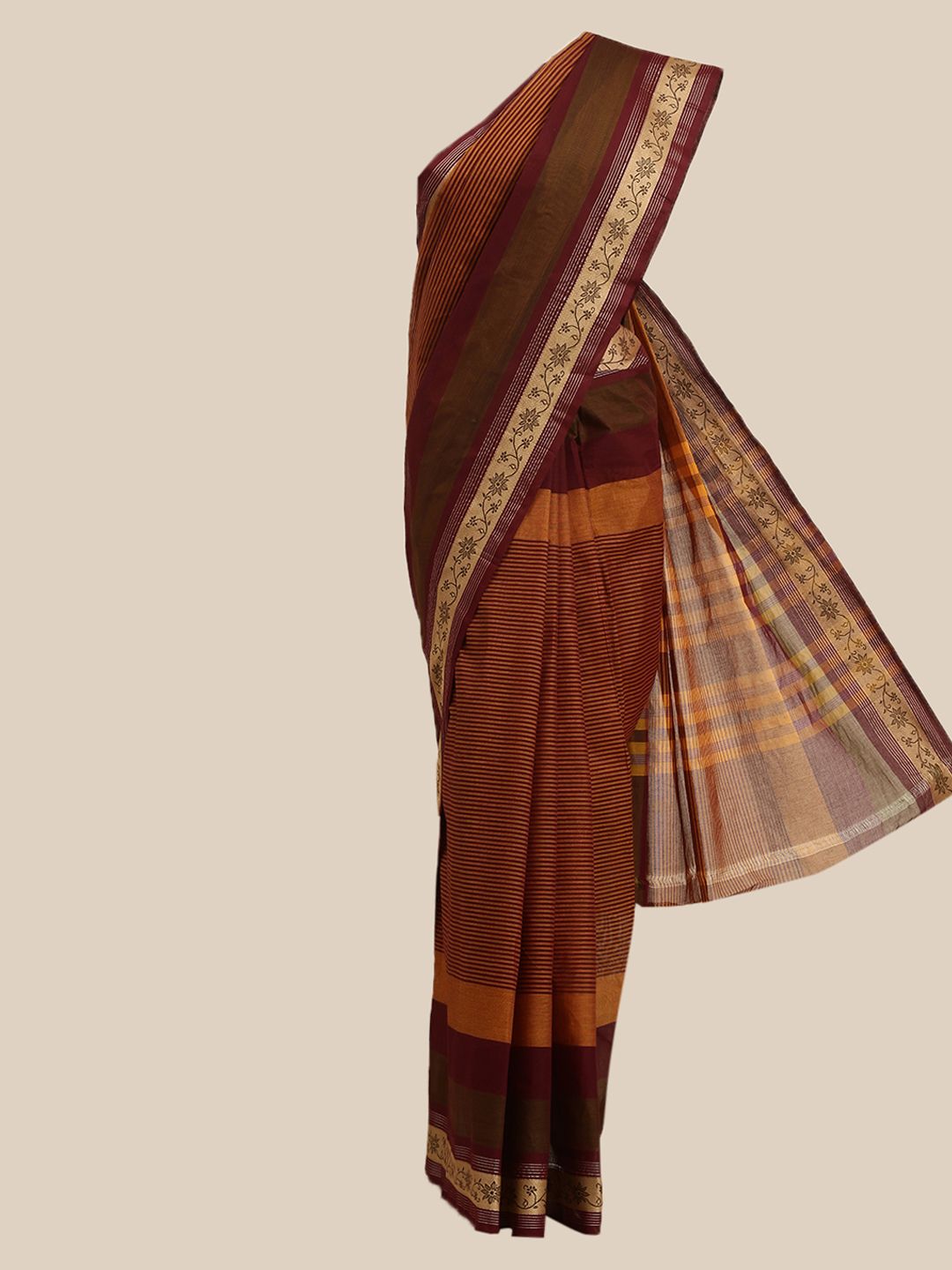 The Chennai Silks Maroon & Orange Striped Pure Cotton Saree