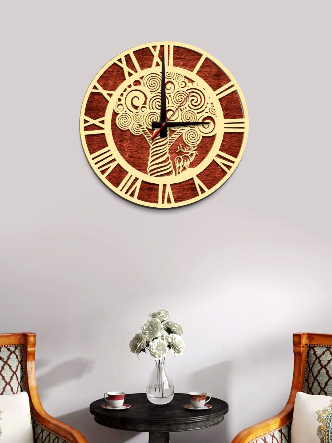 WALLMANTRA Beige & Brown Abstract Tree Dual Layer Wooden Wall Clock Price in India