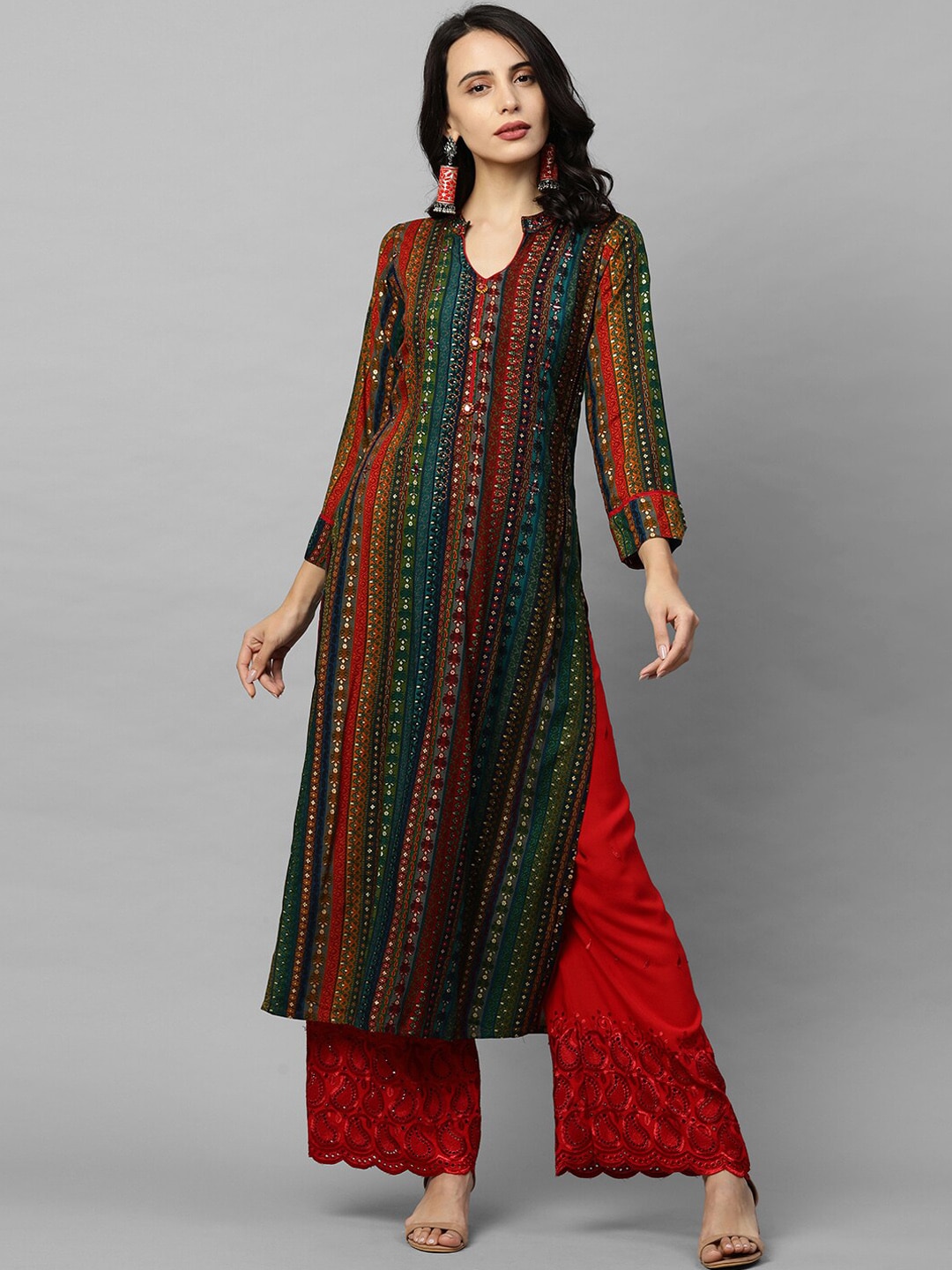 FASHOR Women Multicoloured Printed & Hand Embroidered Printed Kurta Price in India