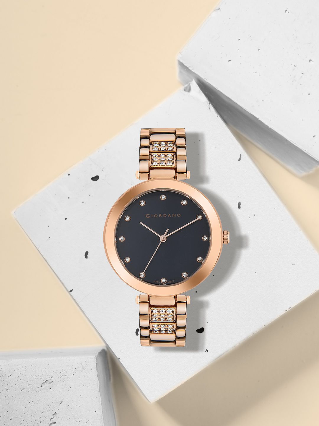 GIORDANO Women Black Embellished Dial & Rose Gold Toned Stainless Steel Bracelet Style Straps Analogue Watch Price in India