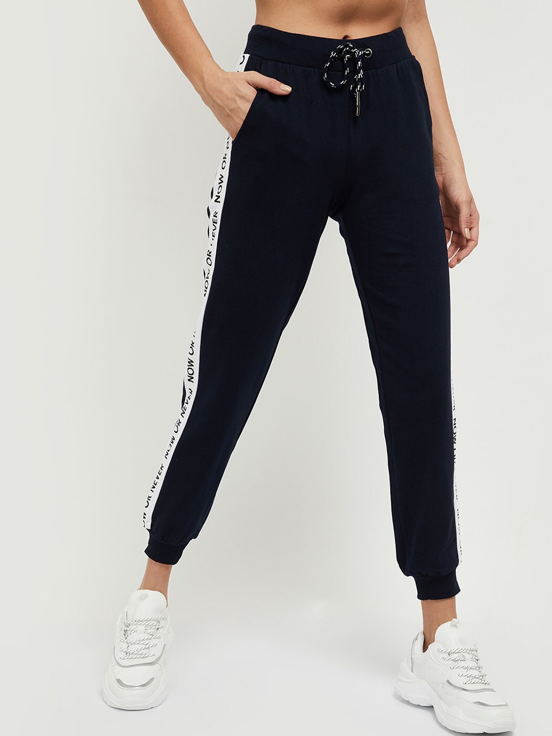 max Women Navy Blue Solid Cotton Joggers Price in India