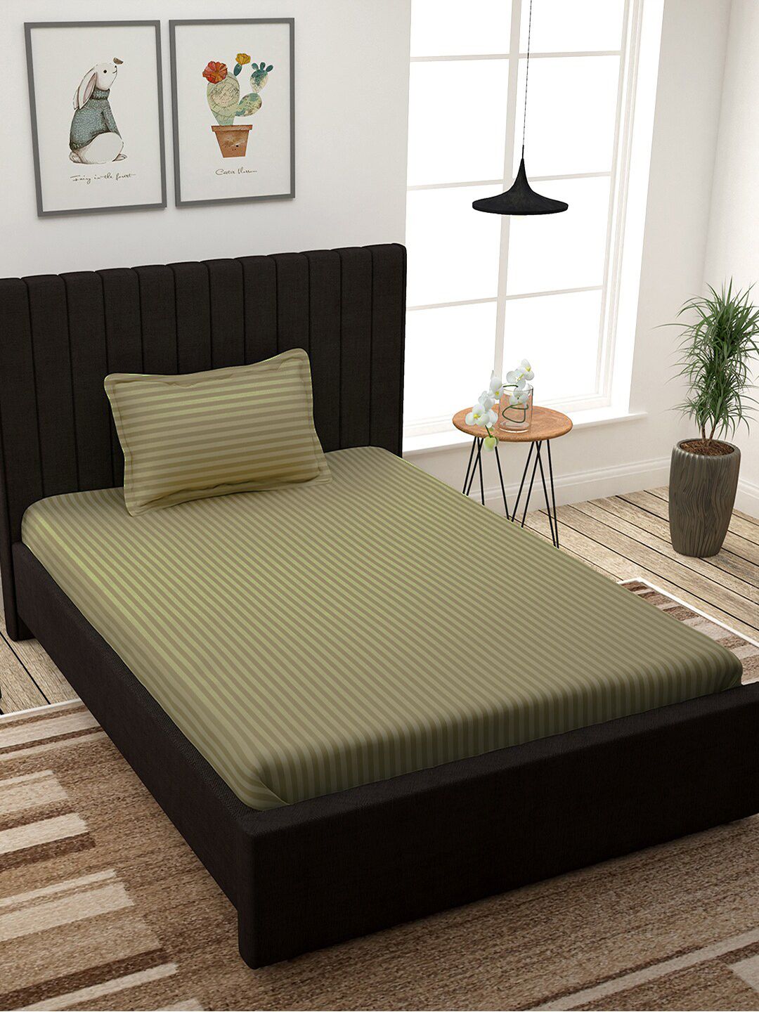 Story@home Brown & Olive Green Striped 300 TC Single Bedsheet with 1 Pillow Covers Price in India