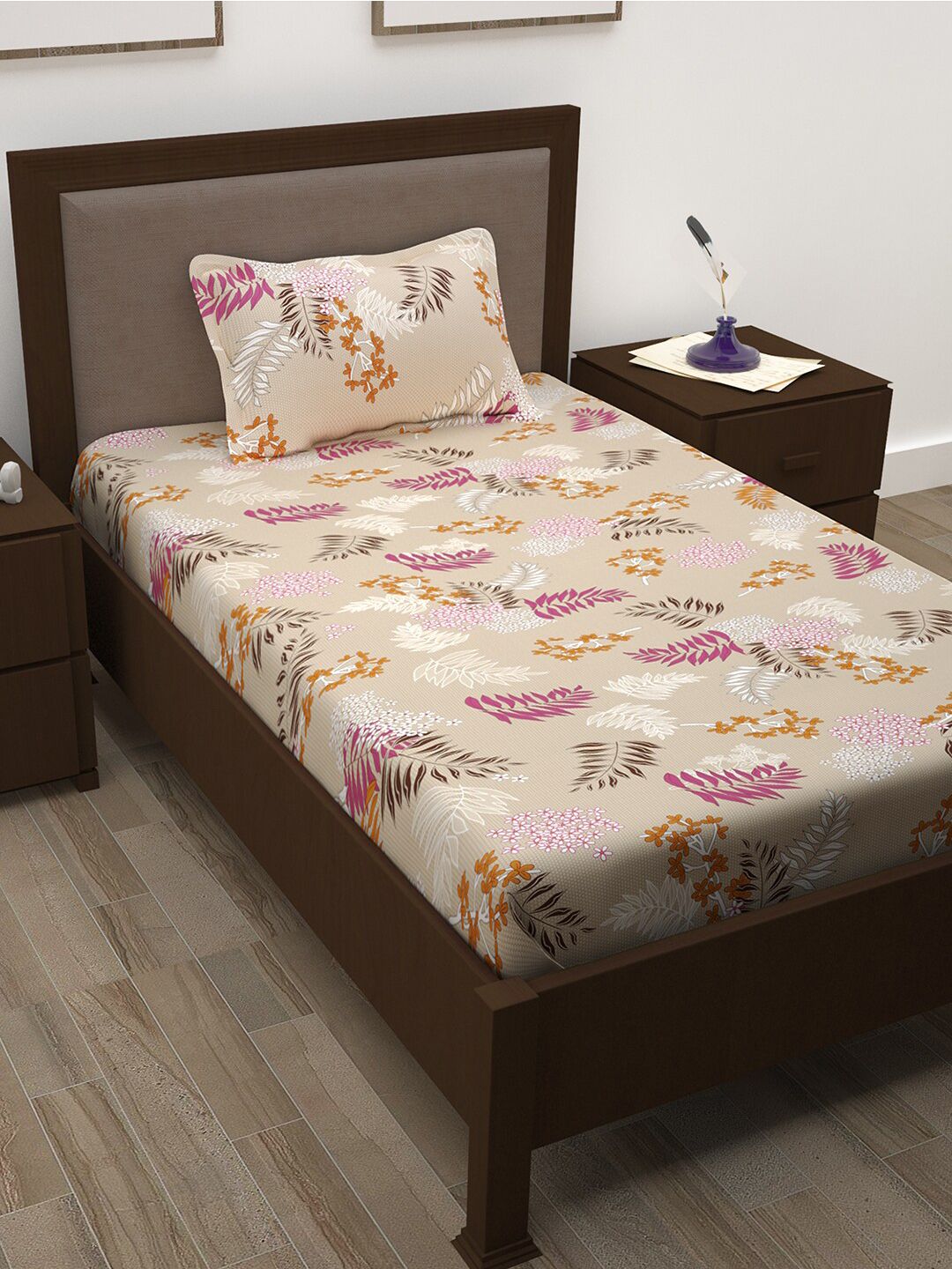 Story@home Grey Floral 208 TC Single Bedsheet with 1 Pillow Covers Price in India