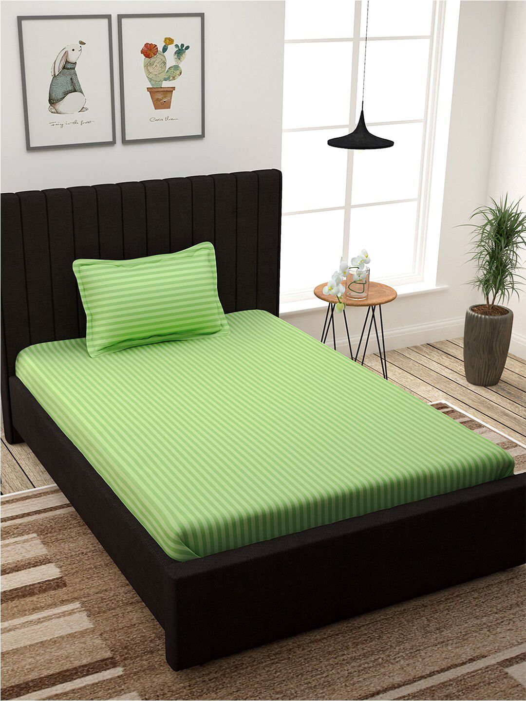 Story@home Green Striped 300 TC Cotton Sateen Single Bedsheet with 1 Pillow Cover Price in India