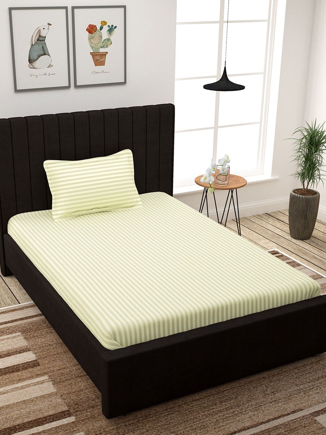 Story@home Off White Striped 300 TC Single Bedsheet with 1 Pillow Cover Price in India