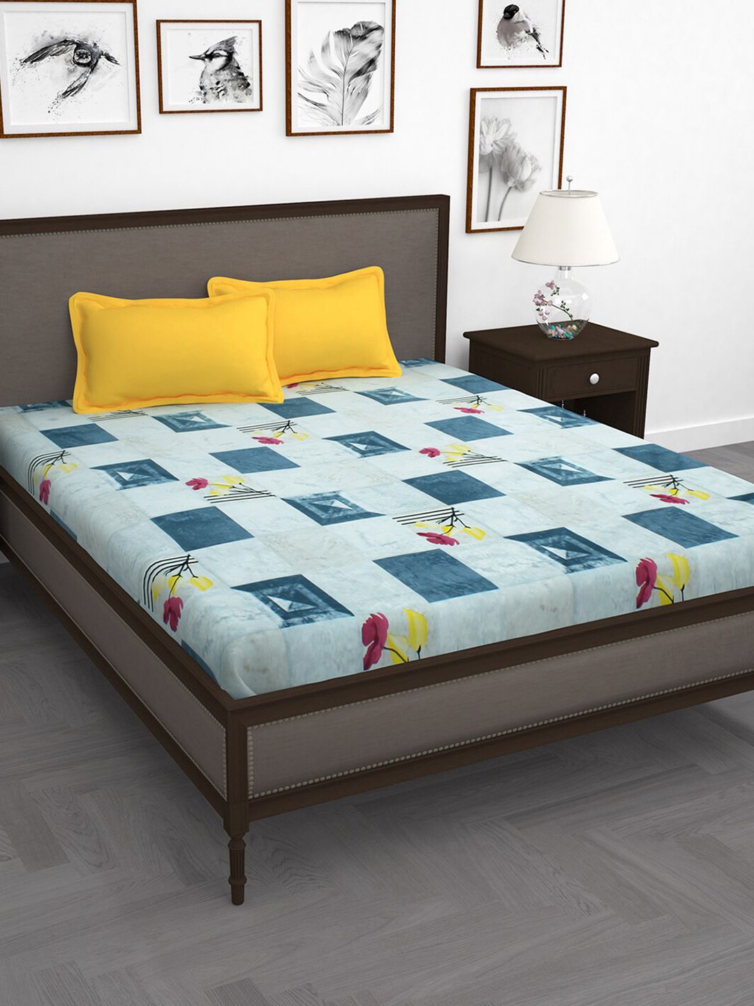 Story@home Grey & Yellow Geometric 240 TC King Bedsheet with 2 Pillow Covers Price in India