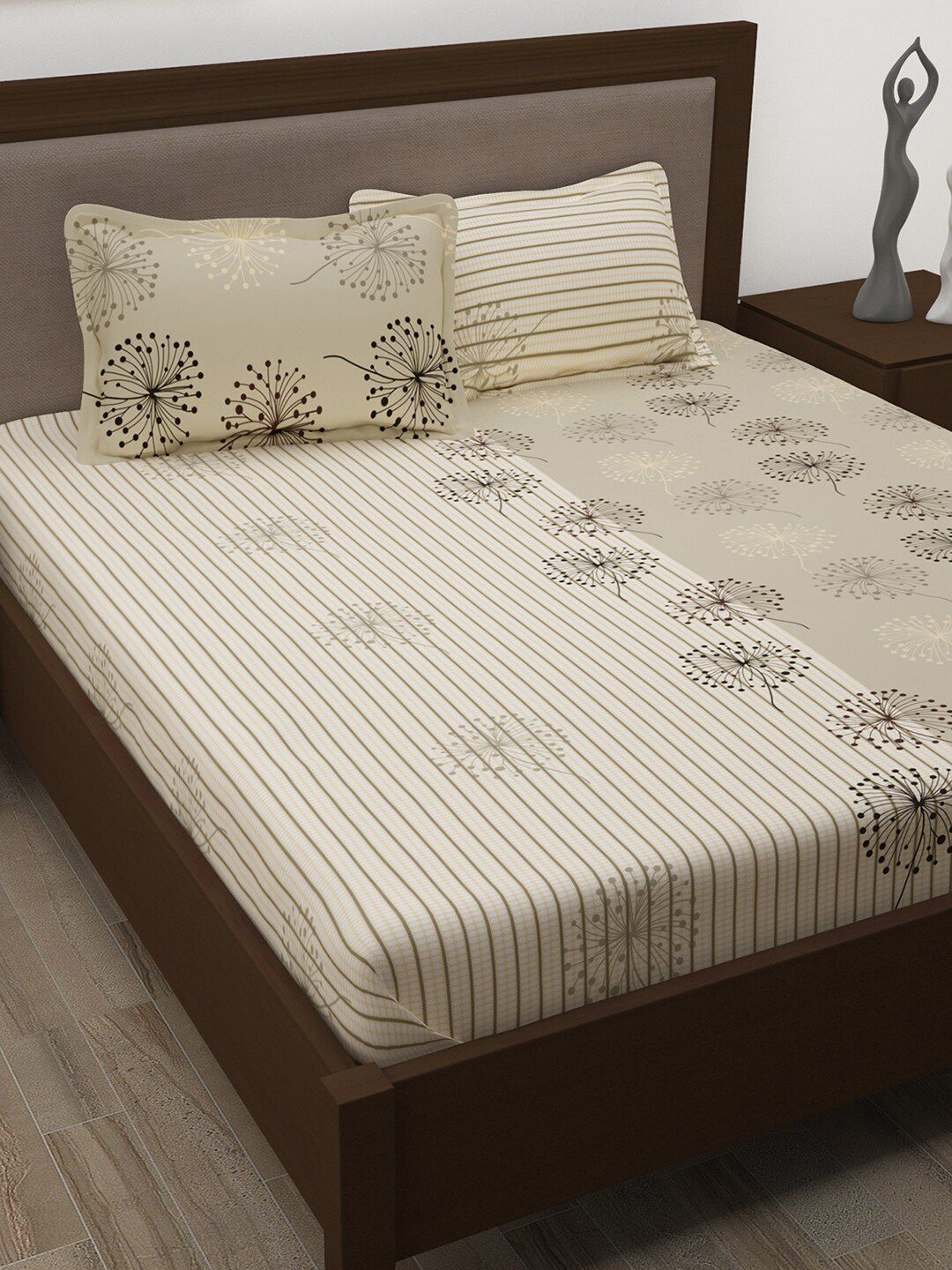 Story@home Grey & Off White Floral 186 TC King Bedsheet with 2 Pillow Covers Price in India
