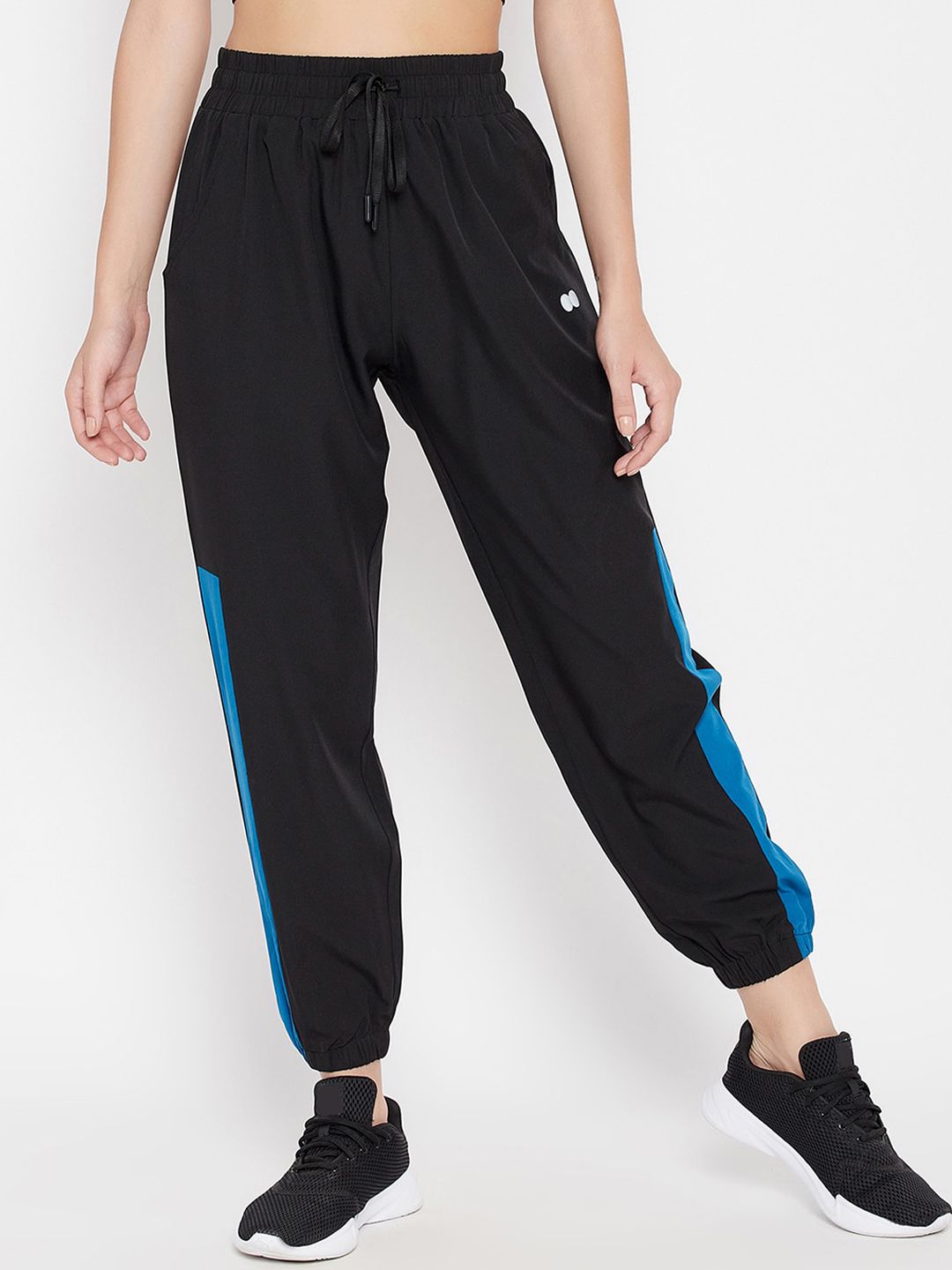 Clovia Women Black & Blue Solid Straight-Fit Joggers Price in India